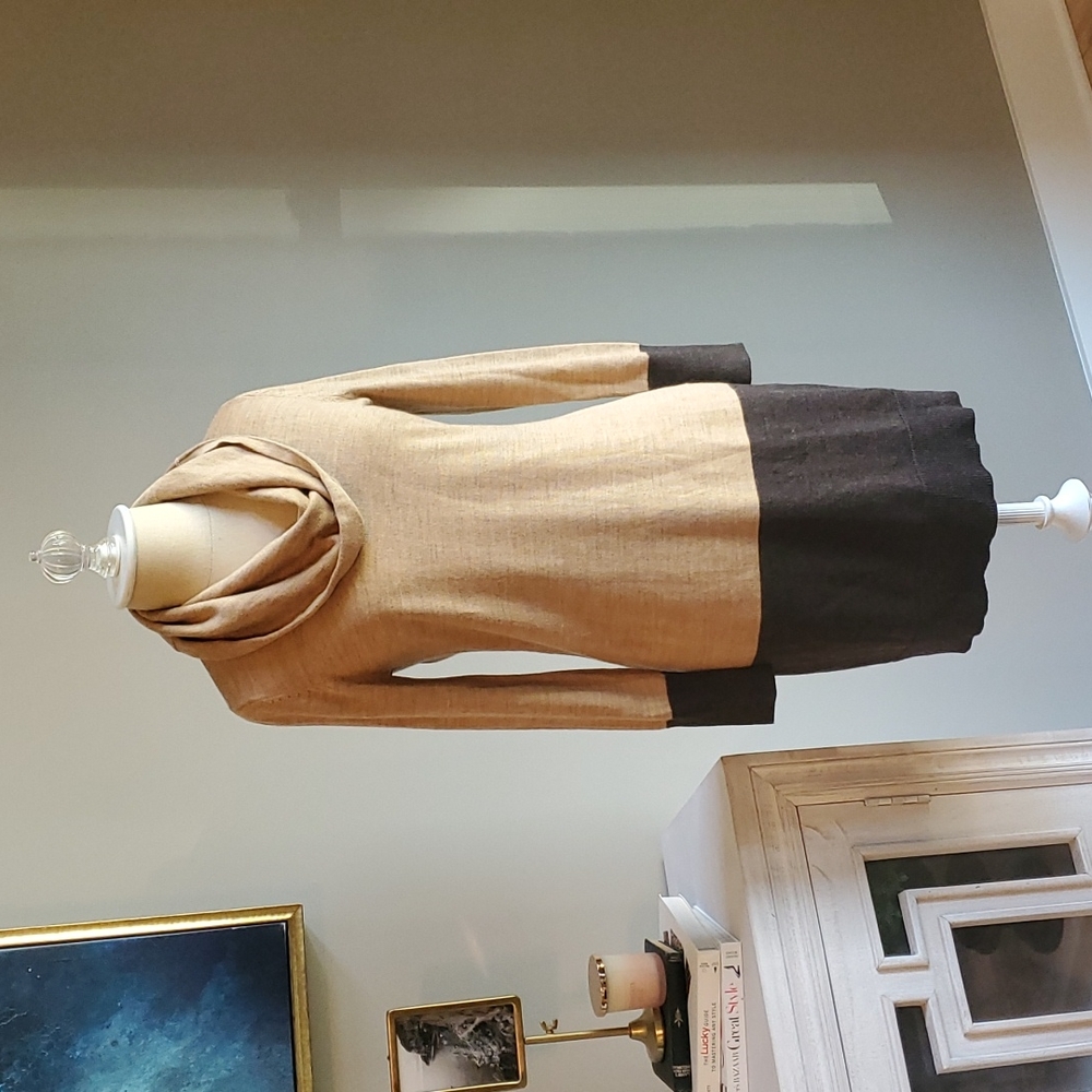 LOFT Camel and Dark Brown Cowl-Neck Long Sleeve Dress